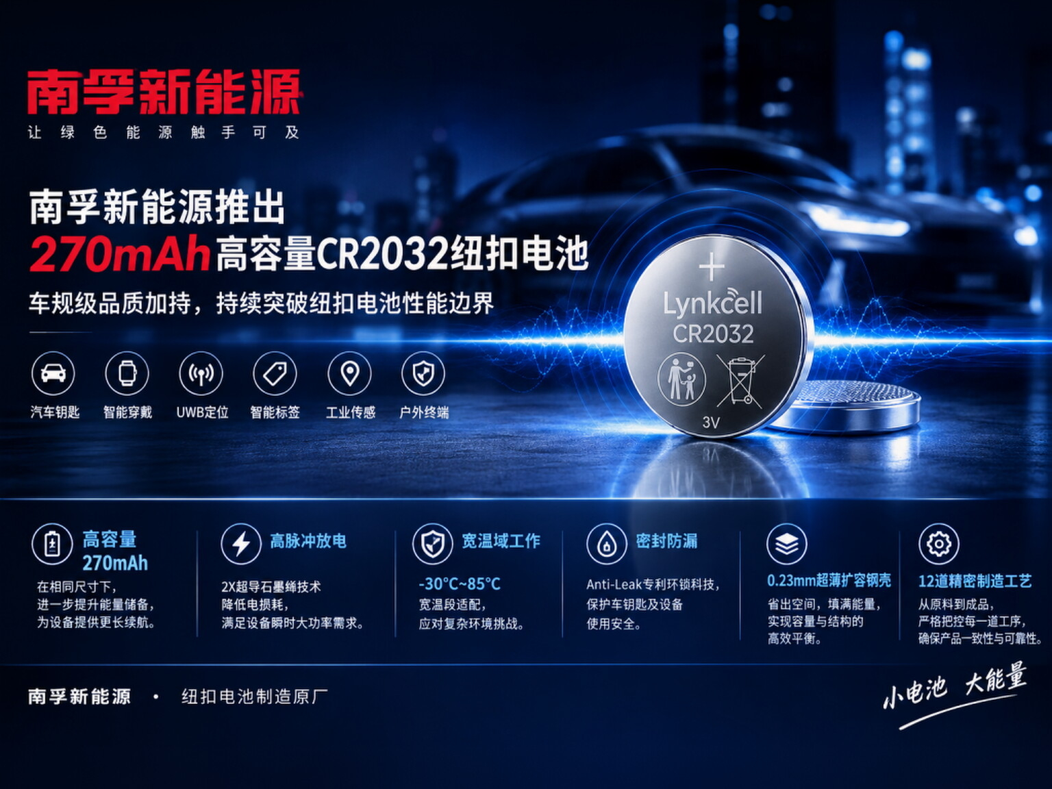 南孚新能源推出 Lynkcell CR2032 （270mAh）高容量锂纽扣电池 国内外工配客户首选